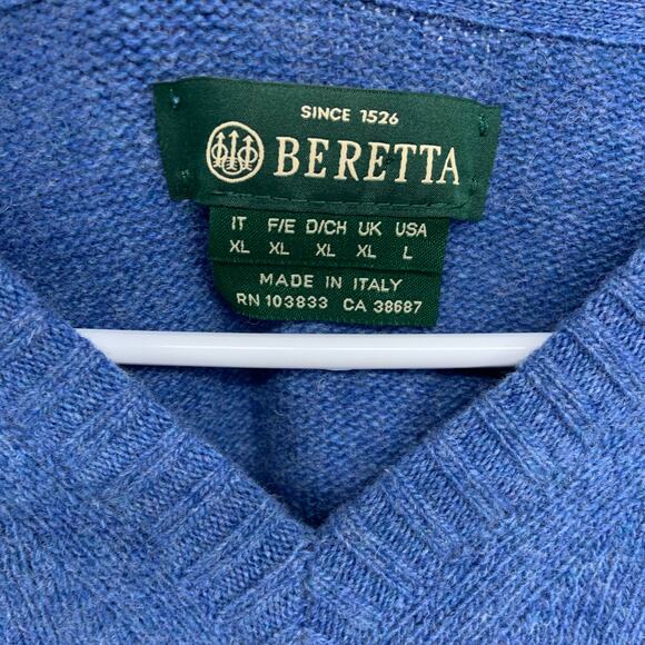 Beretta Mens Blue Wool Blend V-Neck Pullover Sweater Size L - Picture 3 of 8
